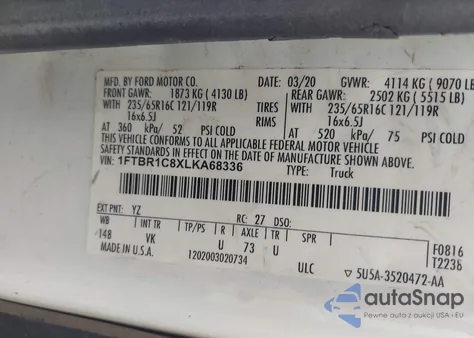 2020 Ford Transit-250 from USA, damaged, VIN 1FTBR1C8XLKA68336